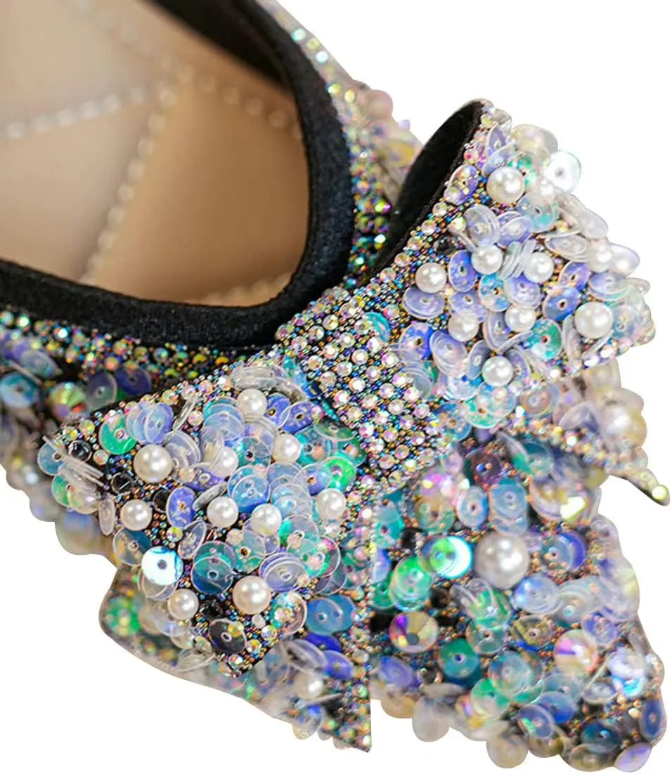 WENJIAZHIZHI Womens Glittery Pointed Toe Ballet Flats Sequins Pearls Wedding Party Dressy Shoes Casual Slip On Flats