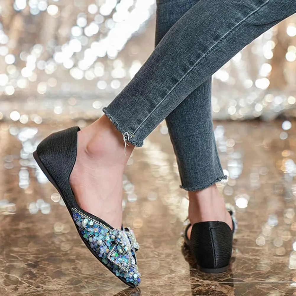 WENJIAZHIZHI Womens Glittery Pointed Toe Ballet Flats Sequins Pearls Wedding Party Dressy Shoes Casual Slip On Flats