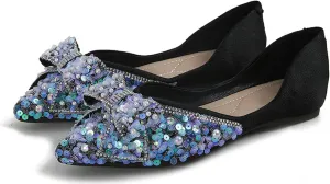 WENJIAZHIZHI Womens Glittery Pointed Toe Ballet Flats Sequins Pearls Wedding Party Dressy Shoes Casual Slip On Flats