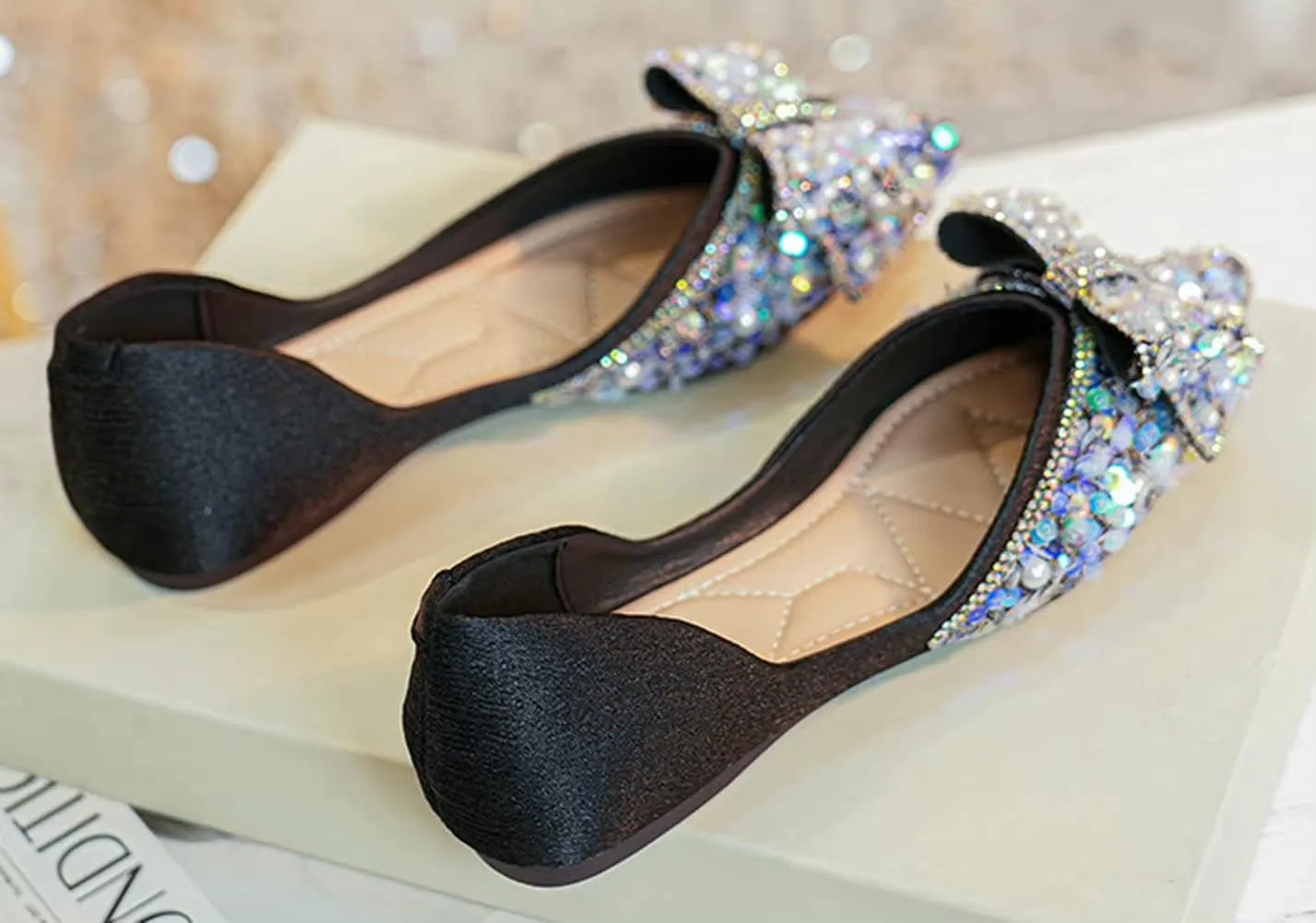 WENJIAZHIZHI Womens Glittery Pointed Toe Ballet Flats Sequins Pearls Wedding Party Dressy Shoes Casual Slip On Flats