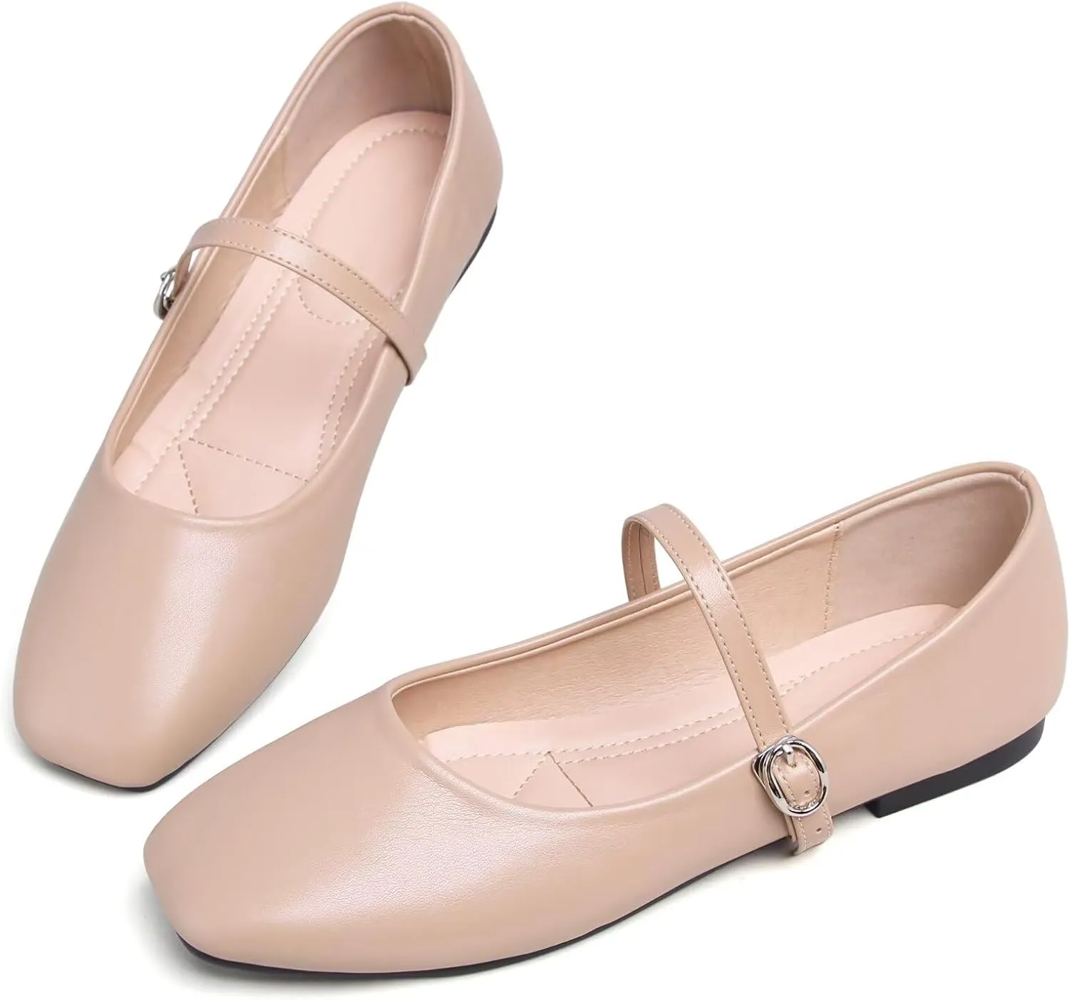 WENJIAZHIZHI Womens Square Toe Ballet Flats Comfortable Mary Jane Shoes Dressy Casual Slip-On Ballerina Walking Flat Shoes