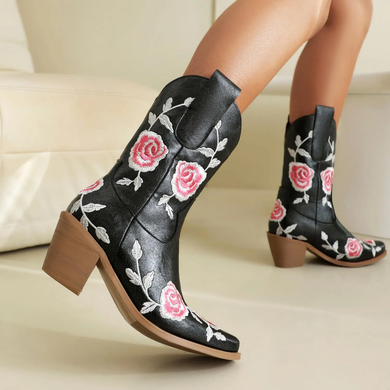 Western Cowboy Boots for Women – Embroidered Floral PU Leather Mid-Calf Boot with Chunky Heel, Slip-On Design, Comfortable Padded Insole for All Seasons