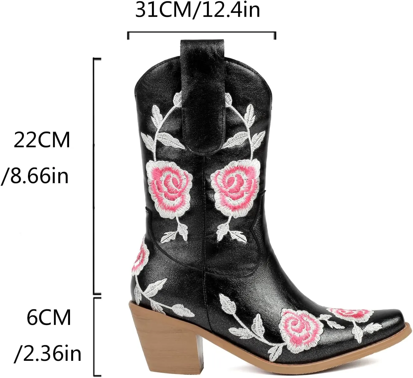 Western Cowboy Boots for Women – Embroidered Floral PU Leather Mid-Calf Boot with Chunky Heel, Slip-On Design, Comfortable Padded Insole for All Seasons