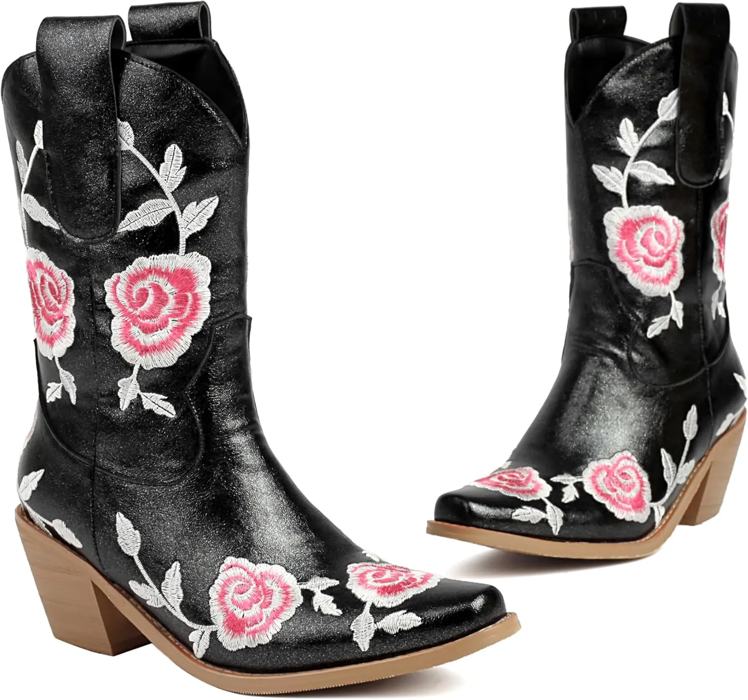 Western Cowboy Boots for Women – Embroidered Floral PU Leather Mid-Calf Boot with Chunky Heel, Slip-On Design, Comfortable Padded Insole for All Seasons