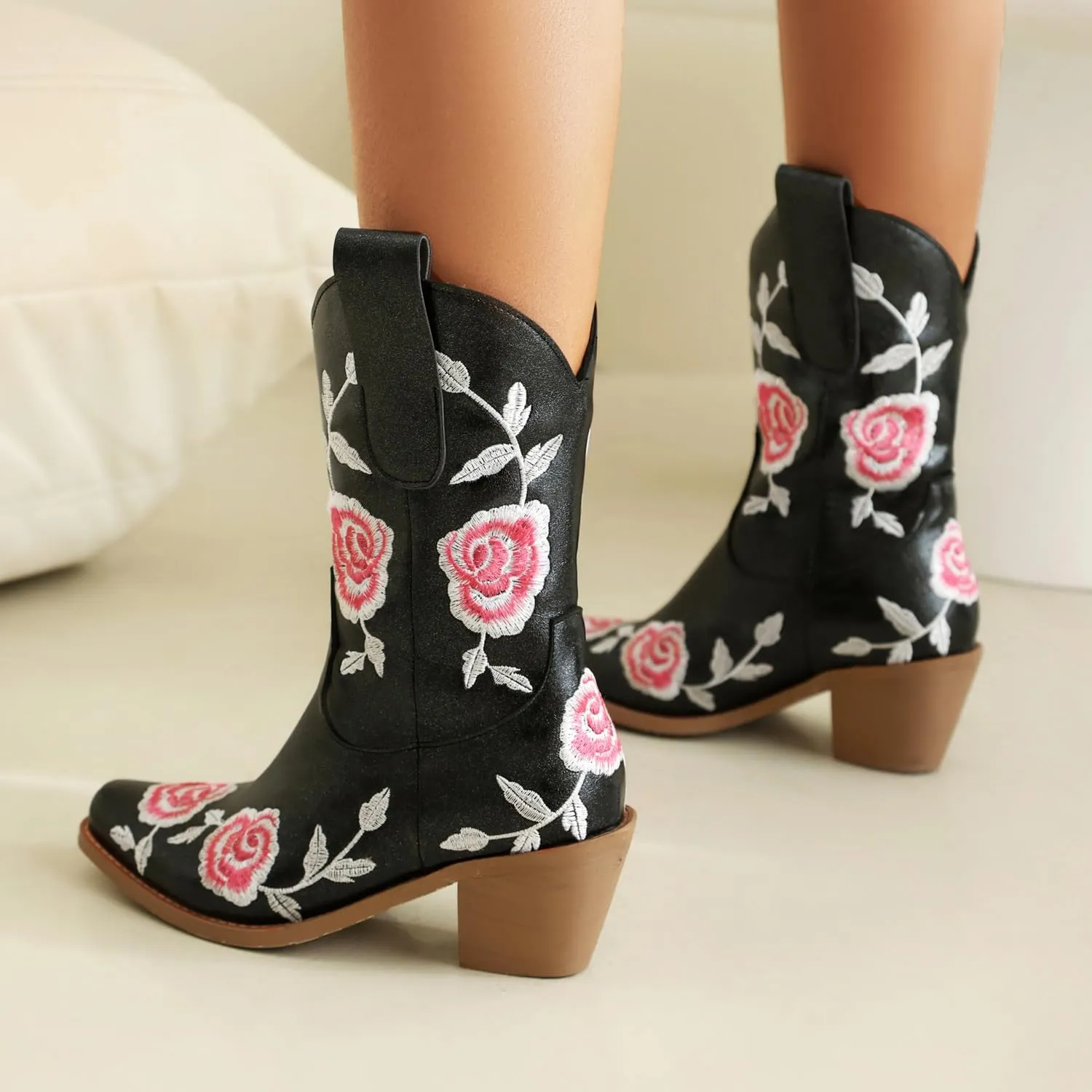 Western Cowboy Boots for Women – Embroidered Floral PU Leather Mid-Calf Boot with Chunky Heel, Slip-On Design, Comfortable Padded Insole for All Seasons