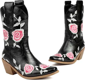 Western Cowboy Boots for Women – Embroidered Floral PU Leather Mid-Calf Boot with Chunky Heel, Slip-On Design, Comfortable Padded Insole for All Seasons