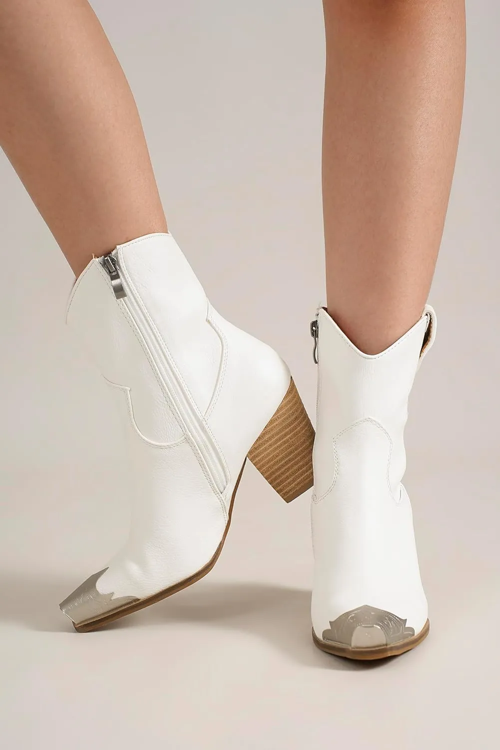 Western Metal Toe Ankle Boots Cowboy Boots for Women Cowgirl Boots Pointed Toe Zipper Boots Stacked Heel Boots