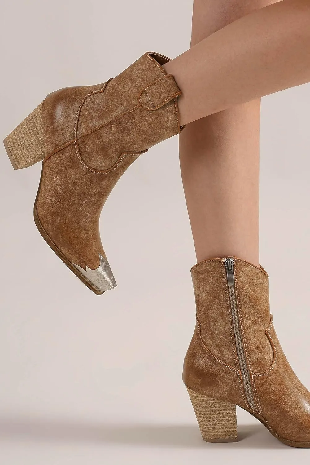 Western Metal Toe Ankle Boots Cowboy Boots for Women Cowgirl Boots Pointed Toe Zipper Boots Stacked Heel Boots