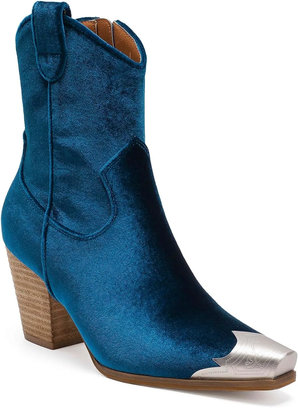 Western Metal Toe Ankle Boots Cowboy Boots for Women Cowgirl Boots Pointed Toe Zipper Boots Stacked Heel Boots