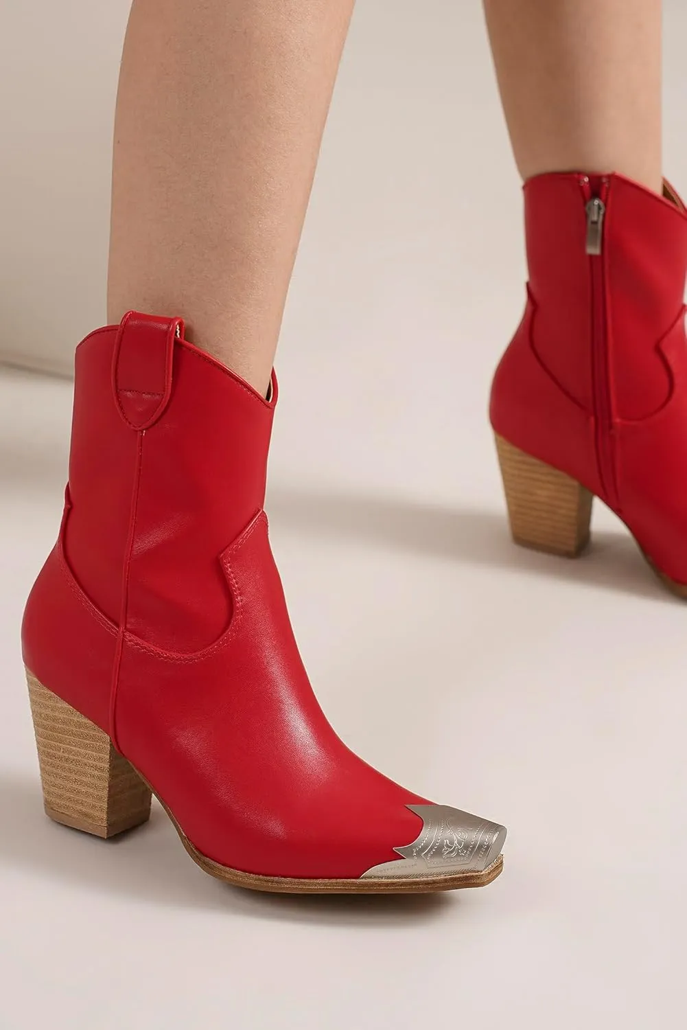 Western Metal Toe Ankle Boots Cowboy Boots for Women Cowgirl Boots Pointed Toe Zipper Boots Stacked Heel Boots