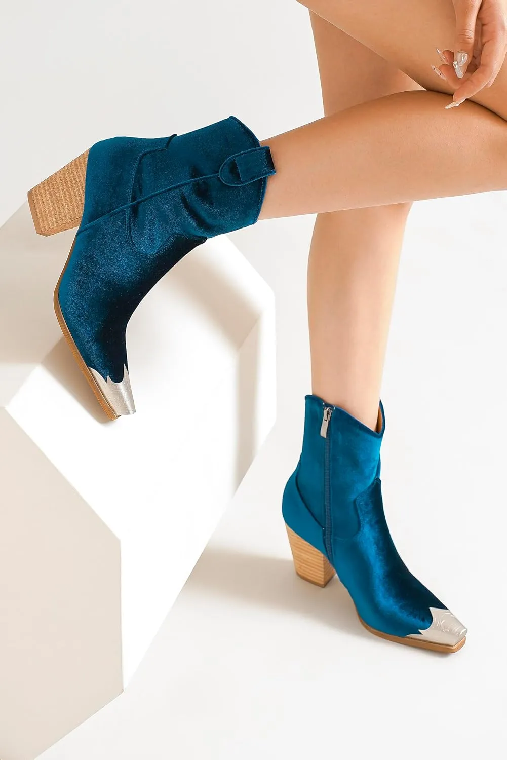 Western Metal Toe Ankle Boots Cowboy Boots for Women Cowgirl Boots Pointed Toe Zipper Boots Stacked Heel Boots