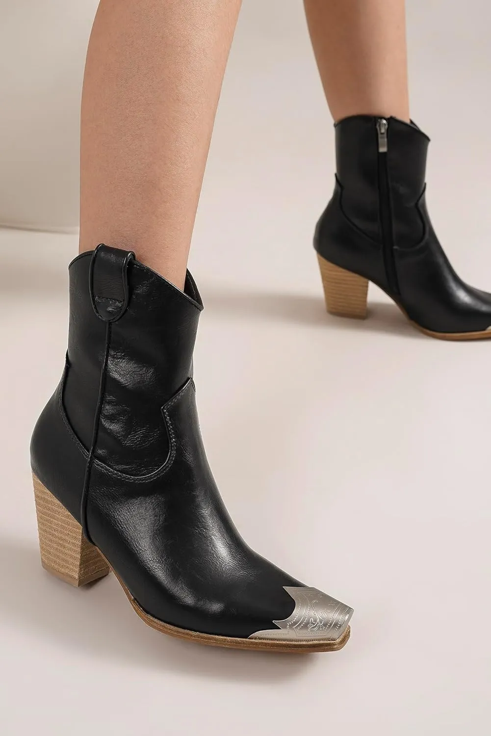 Western Metal Toe Ankle Boots Cowboy Boots for Women Cowgirl Boots Pointed Toe Zipper Boots Stacked Heel Boots