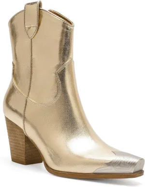 Western Metal Toe Ankle Boots Cowboy Boots for Women Cowgirl Boots Pointed Toe Zipper Boots Stacked Heel Boots