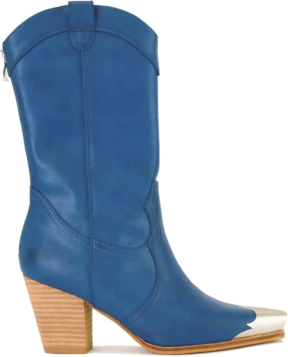Western Metal Toe Boots for Women Cowgirl Boots Mid Calf Boots Stacked Heel Back Zipper Boots Cowboy Boots