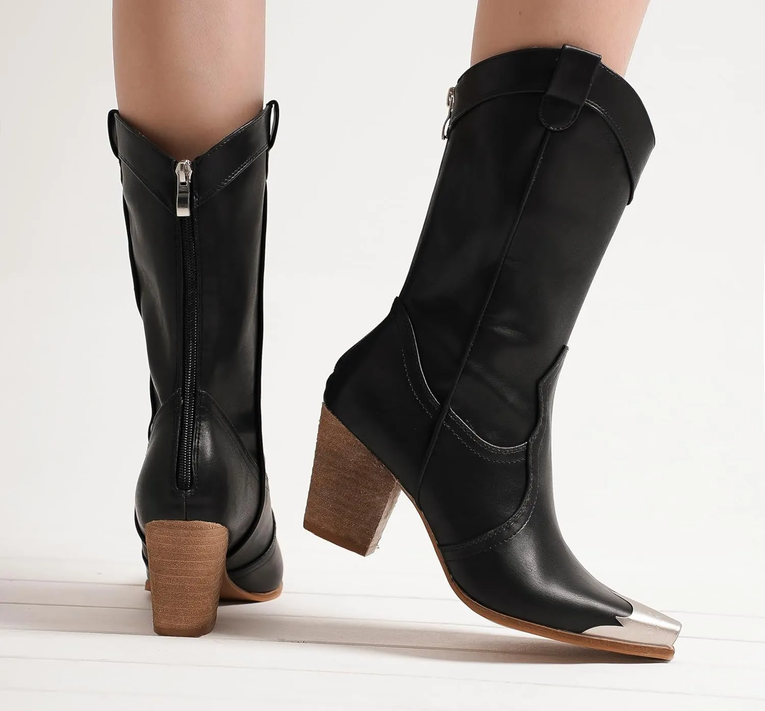 Western Metal Toe Boots for Women Cowgirl Boots Mid Calf Boots Stacked Heel Back Zipper Boots Cowboy Boots