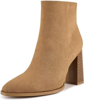 wetkiss Boots for Women Chunky Heel Ankle Booties with Pointed Toe Side Zipper
