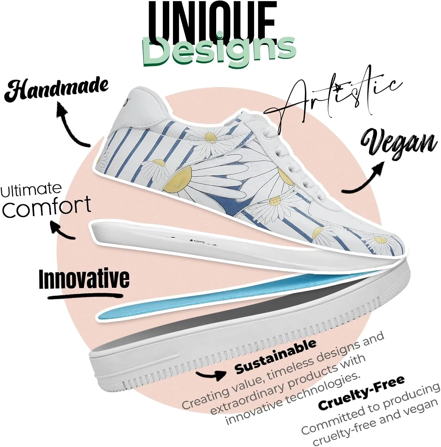 White Sneakers for Women - Handmade Women's Fashion Sneakers, Vegan Leather and Unique Design Dice Sneakers
