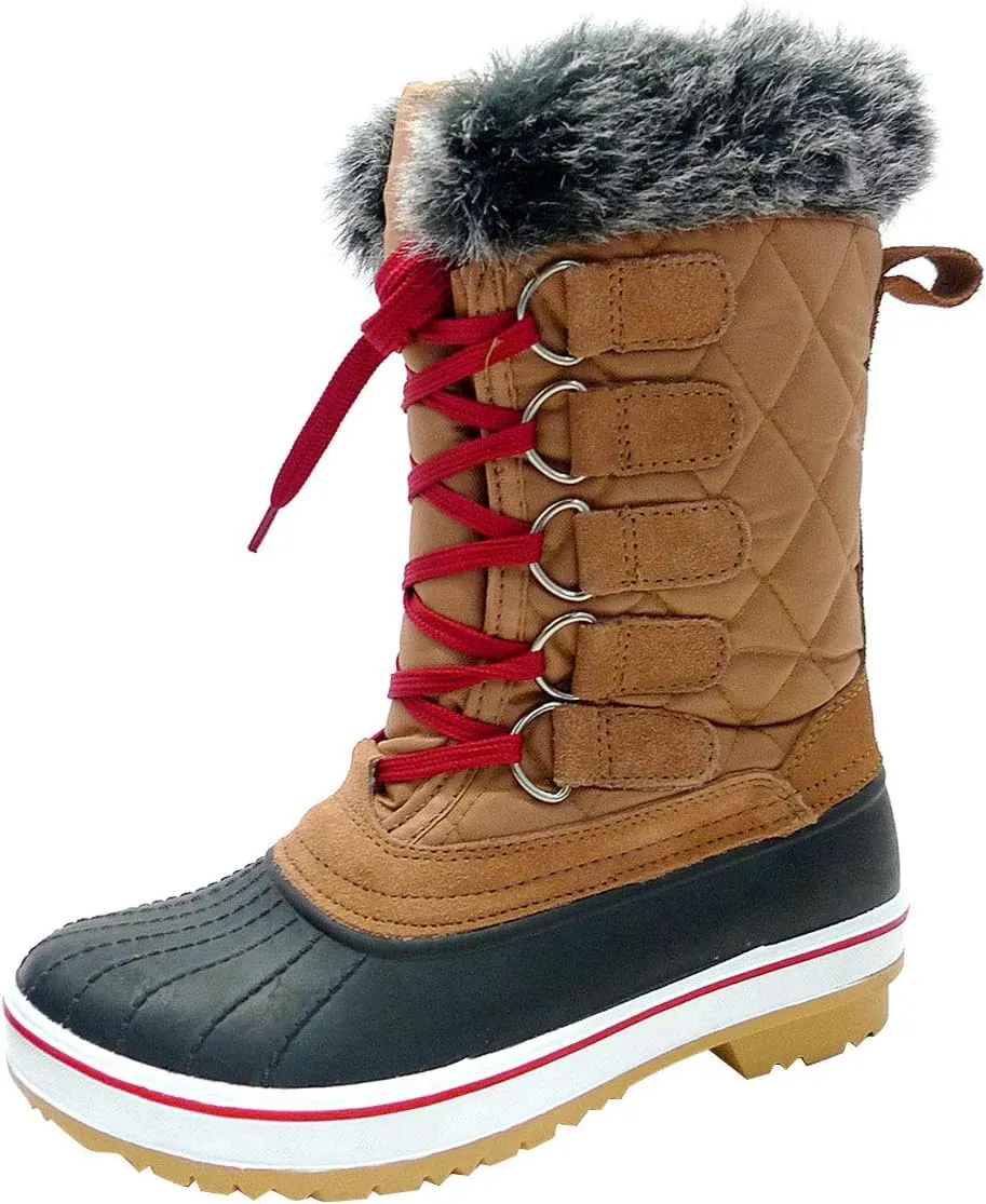 Wild Diva Womens Round Toe Faux Fur Lined Lace Up Mid-Calf Duck Rain Boots