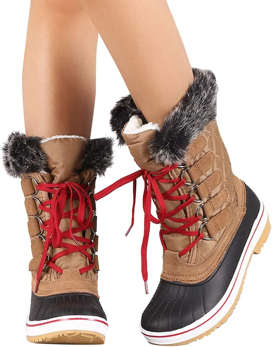 Wild Diva Womens Round Toe Faux Fur Lined Lace Up Mid-Calf Duck Rain Boots