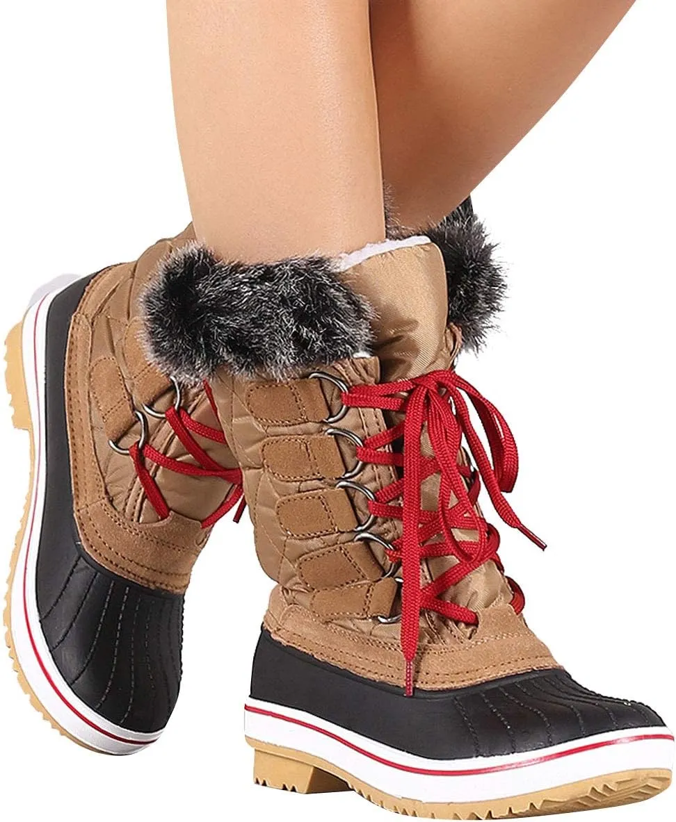 Wild Diva Womens Round Toe Faux Fur Lined Lace Up Mid-Calf Duck Rain Boots