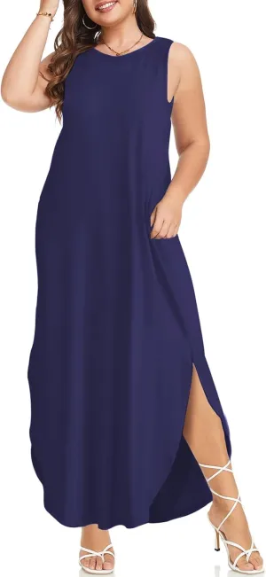 Wolddress Womens 2025 Plus Size Sleeveless Tank Dress Casual Loose Sundress Split Summer Beach Long Maxi Dresses with Pockets