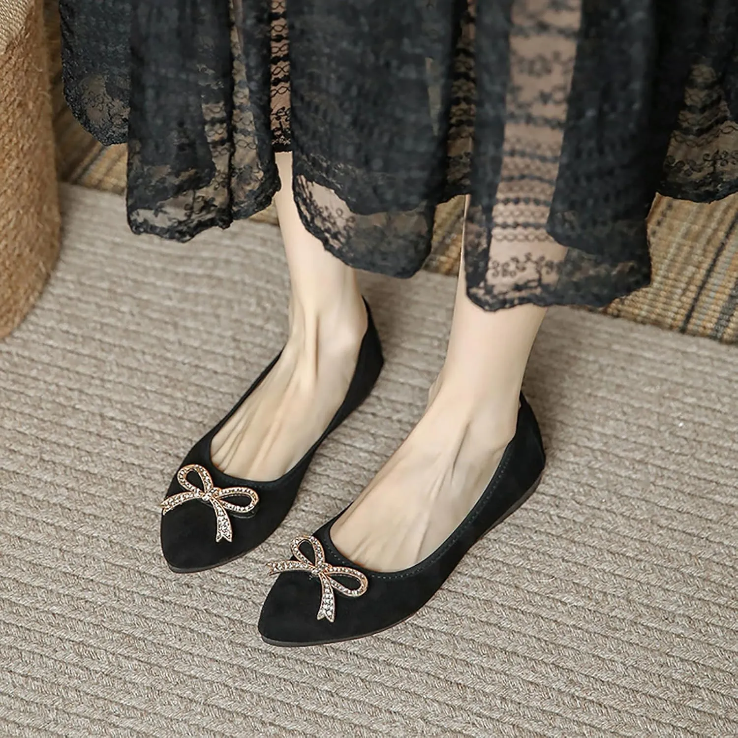 Women Ballet Flats Fashion Bowknot Suede Comfort Pointed Toe Slip On Dress Shoes