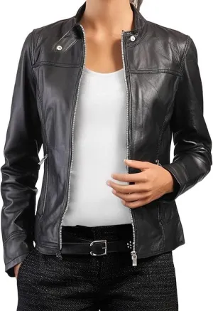 Women Black Café Racer Leather Jacket - Genuine Lambskin Motorcycle Jacket - Stylish & Sleek Biker Style