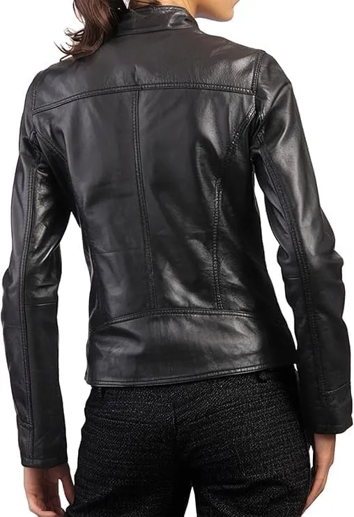 Women Black Café Racer Leather Jacket - Genuine Lambskin Motorcycle Jacket - Stylish & Sleek Biker Style