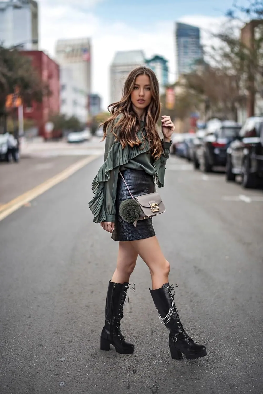 Women Fashion Platform Block Heels Knee High Boots Lace up