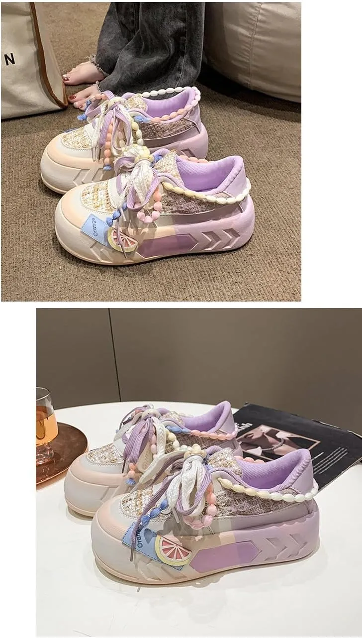 Women Kawaii Shoes Y2k Shoes Walking Sneakers Women Platform Chunky Cute Linen Thick Roundhead Rave Shoes Travel
