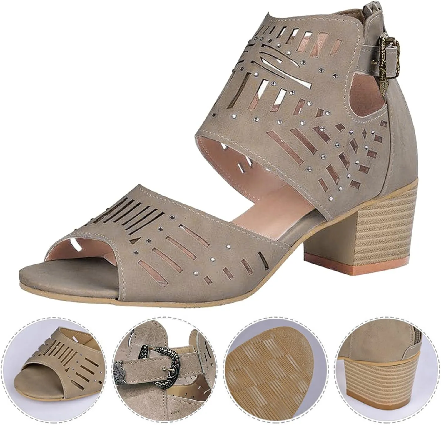 Women Low Heel Sandals Chunky Heel Open Toe Sandals Summer Hollow Out Breathable Casual Shoes (Khaki, 9)