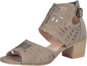 Women Low Heel Sandals Chunky Heel Open Toe Sandals Summer Hollow Out Breathable Casual Shoes (Khaki, 9)