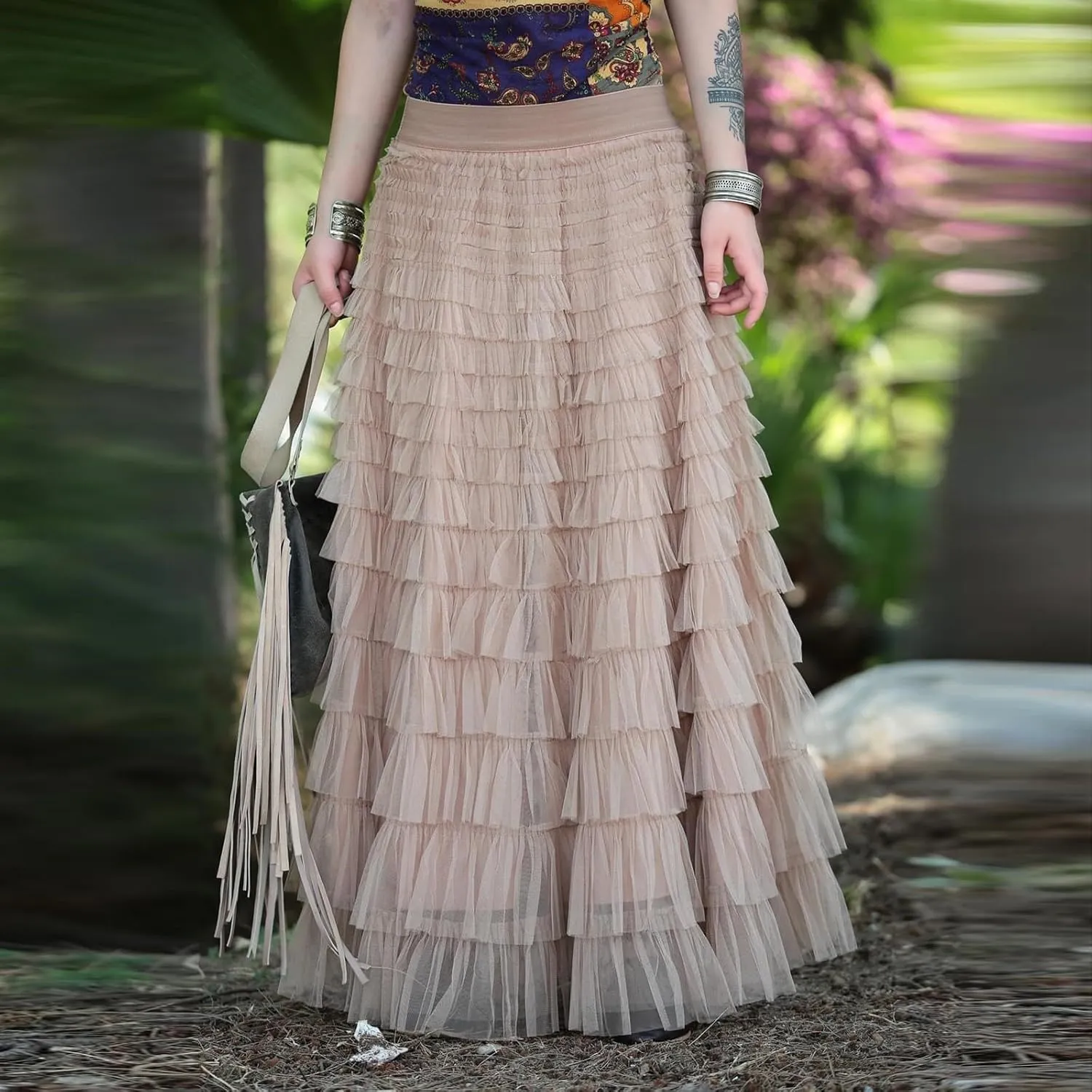 Women Mesh Tutu Maxi Skirts Sequin Glitter Layered Elastic High Waist A-Line Swing Skirts Y2k Party Streetwear