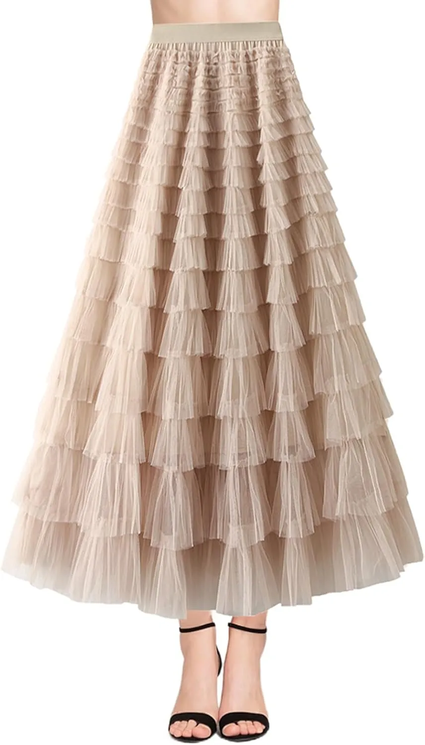 Women Mesh Tutu Maxi Skirts Sequin Glitter Layered Elastic High Waist A-Line Swing Skirts Y2k Party Streetwear
