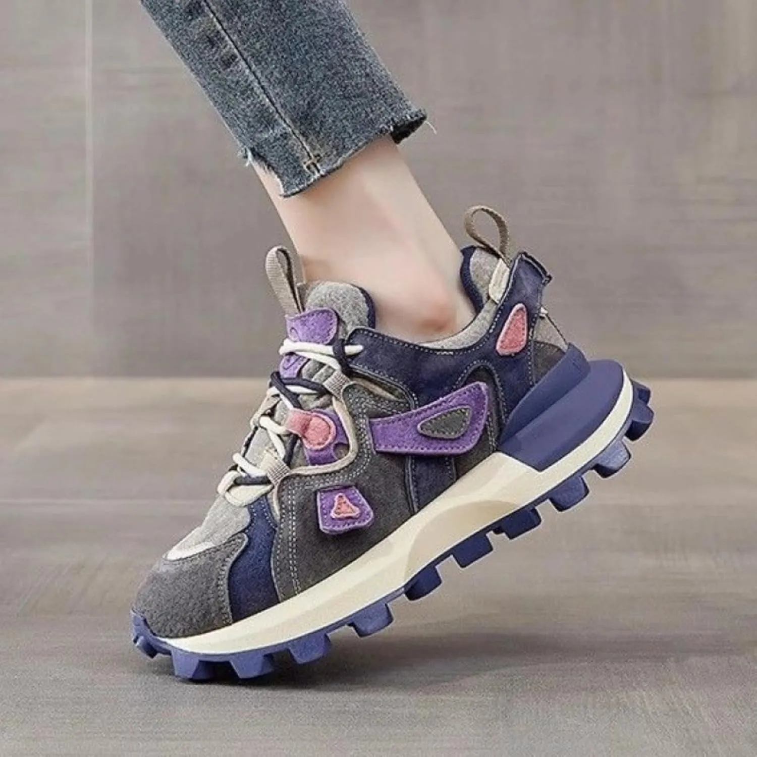 Women Premium Chunky Dad Sneakers, Stylish Leather Platform Shoes, Y2K Streetwear Sporty Versatile Lightweight Teens