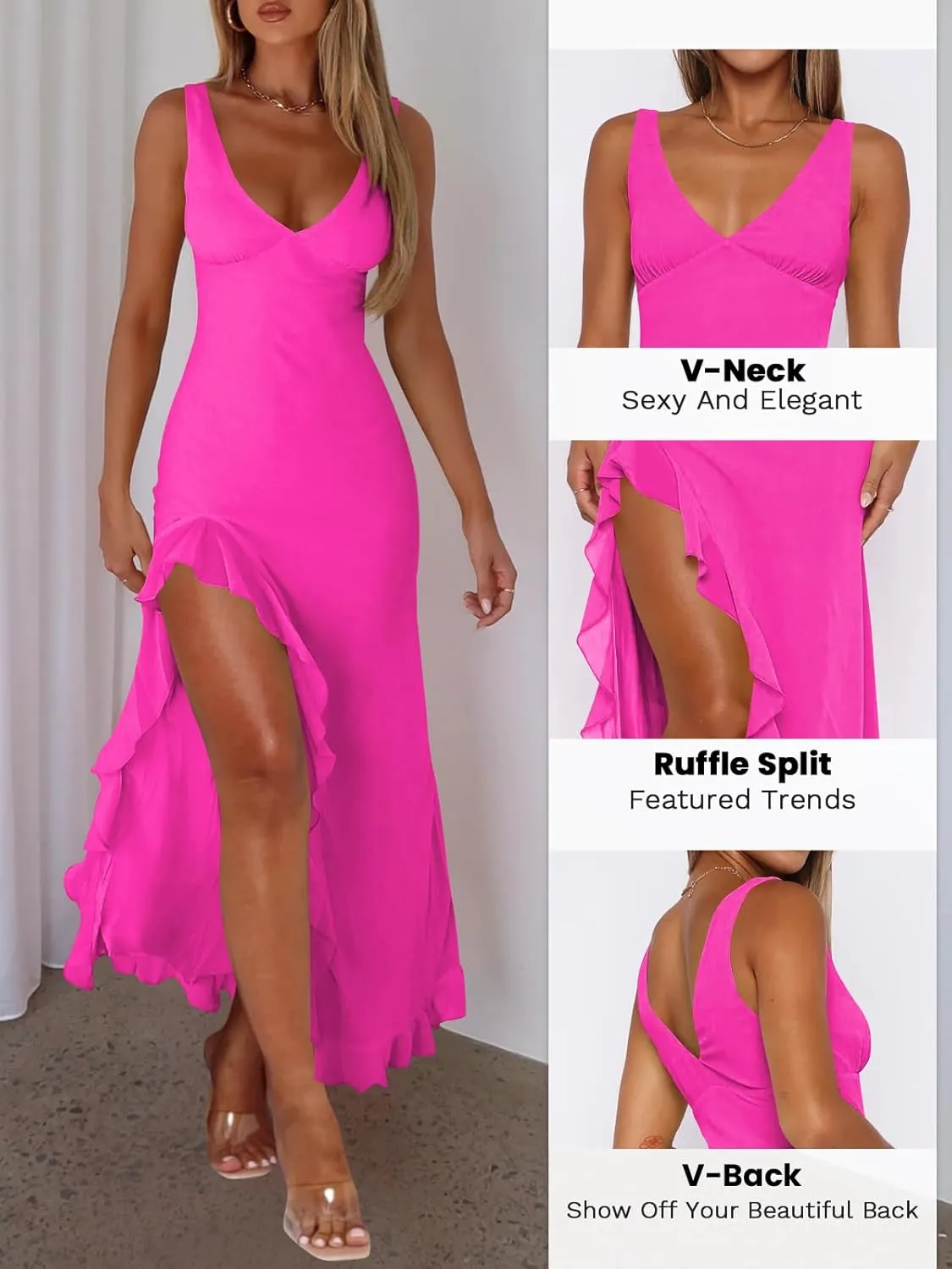 Women Sexy V Neck Sleeveless Mesh Ruffle Hem Bodycon Maxi Casual Backless High Slit Cocktail Party Dress