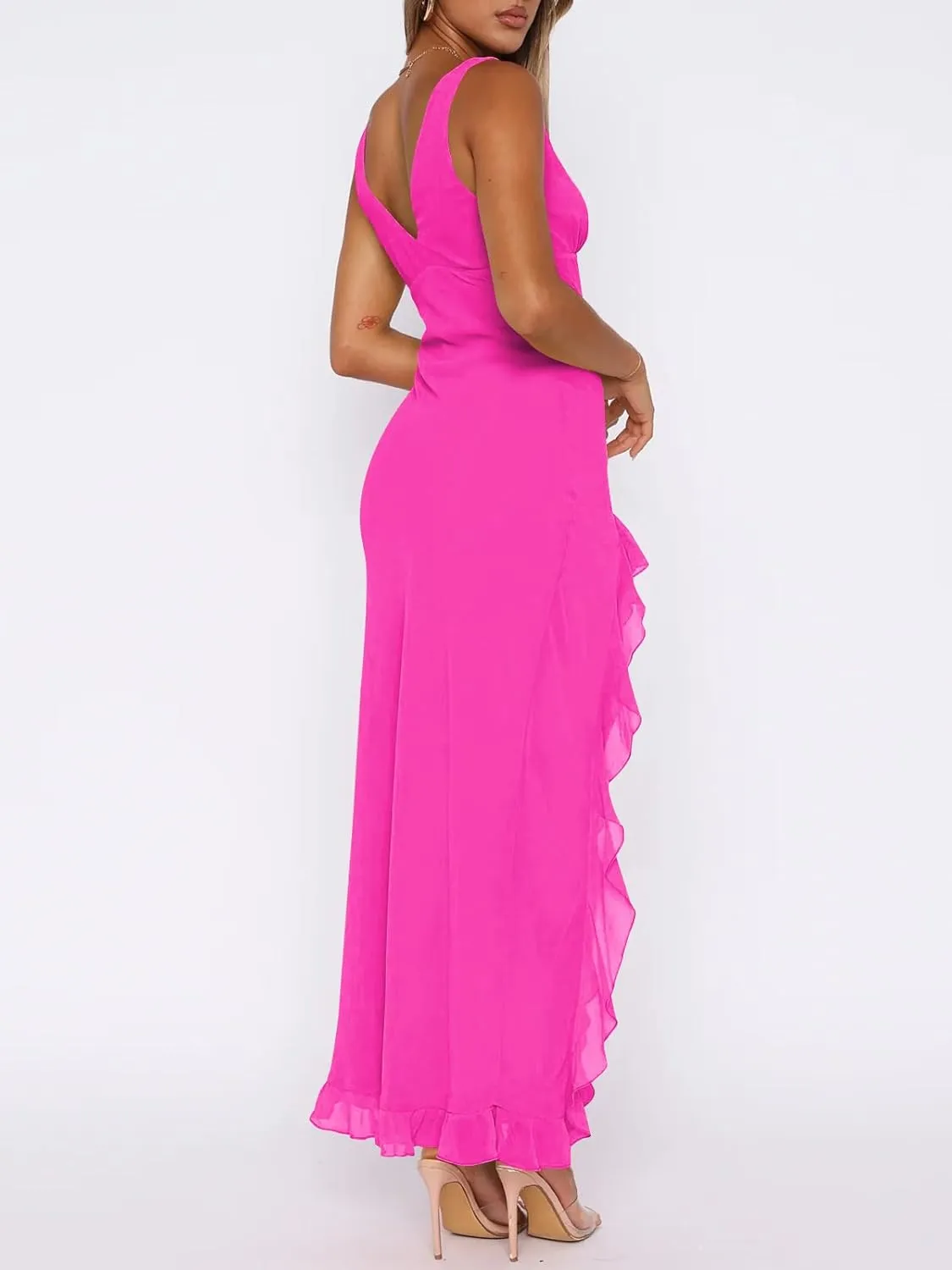 Women Sexy V Neck Sleeveless Mesh Ruffle Hem Bodycon Maxi Casual Backless High Slit Cocktail Party Dress