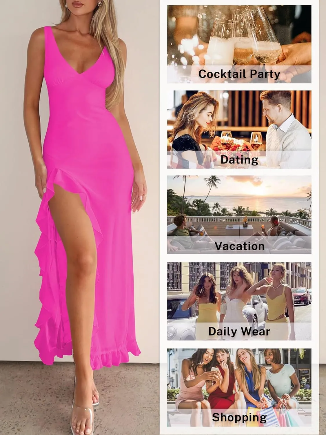 Women Sexy V Neck Sleeveless Mesh Ruffle Hem Bodycon Maxi Casual Backless High Slit Cocktail Party Dress