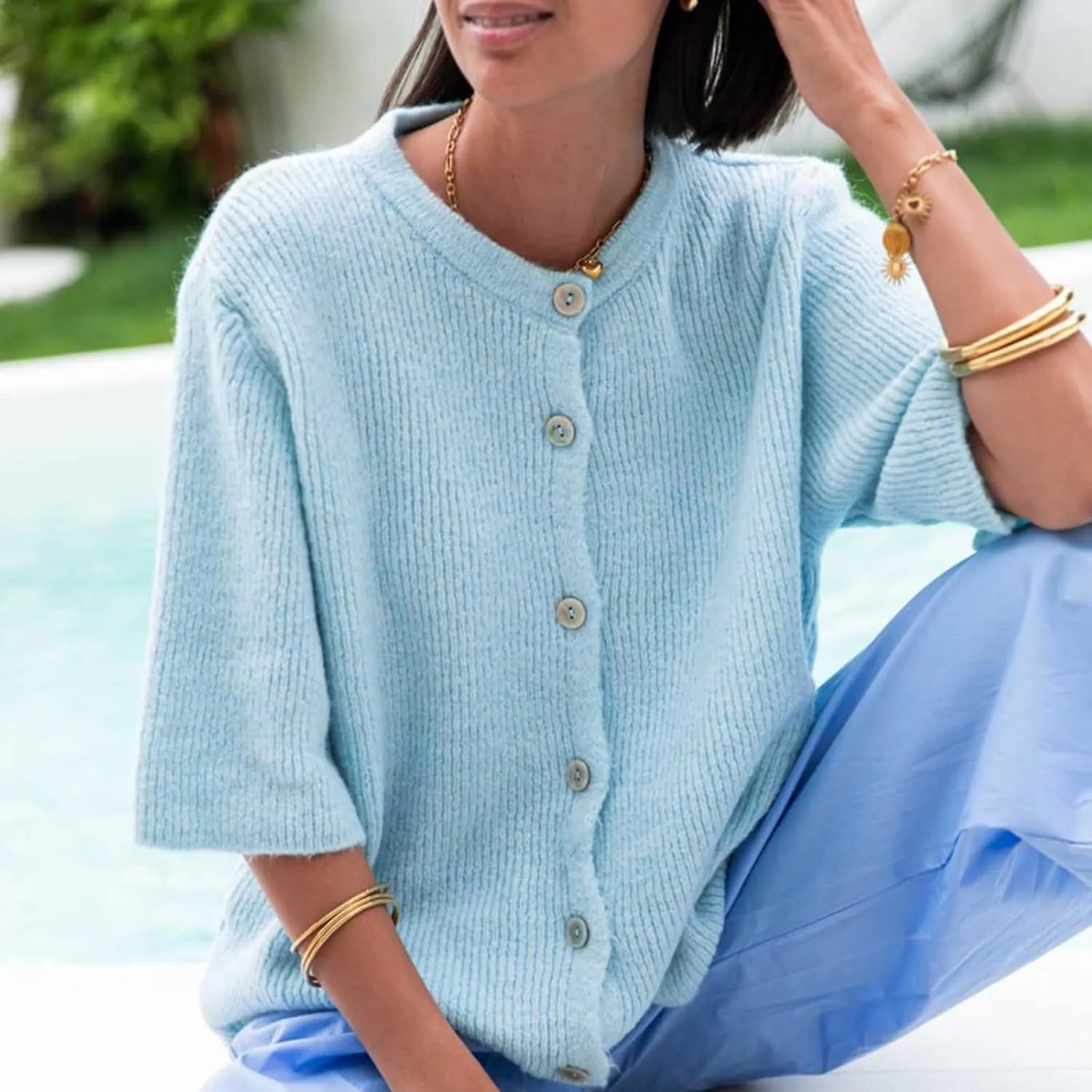 Women Short Sleeve Sweater Cropped Cardigan Button Front Knit Chunky Vest Trendy Y2k Preppy Girl Knitted Top Shirt