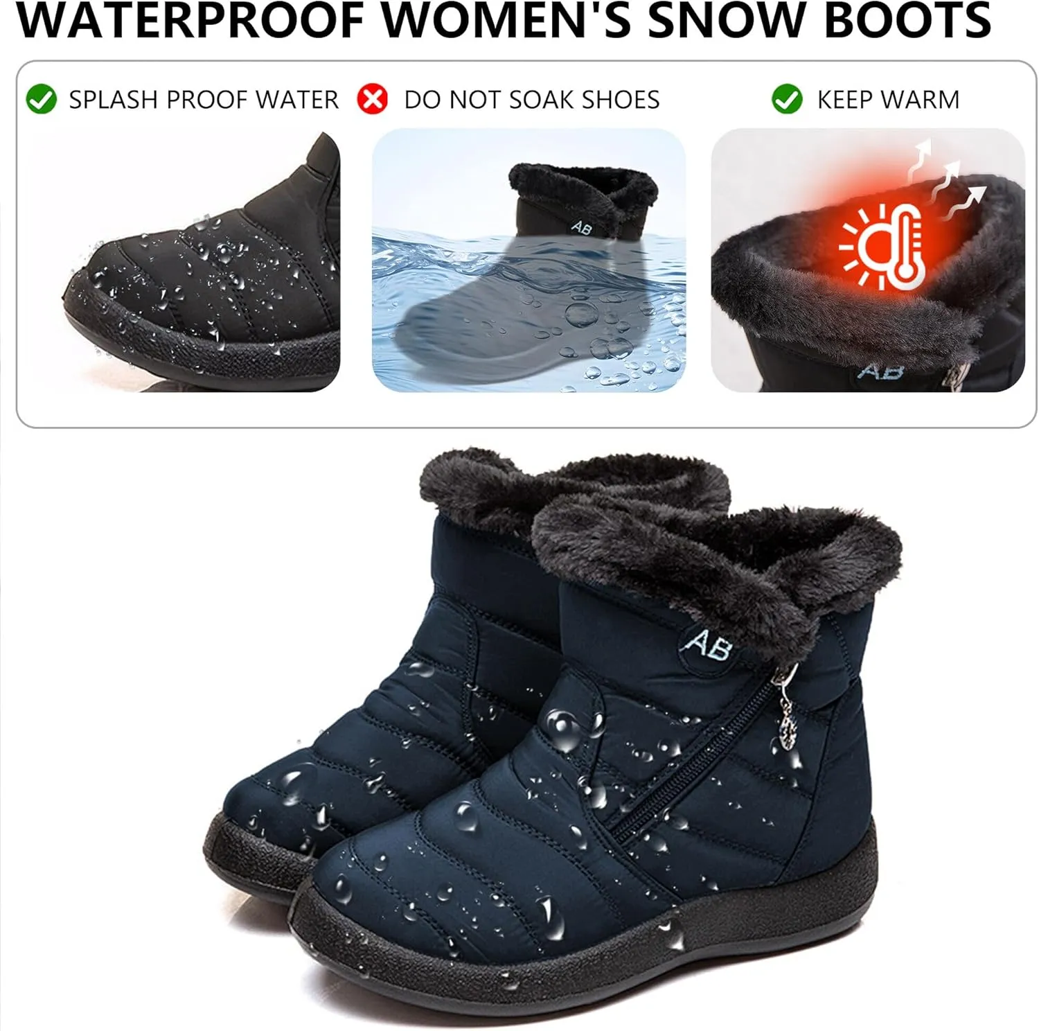 Women Snow Boots Side Zipper Keep Warm Comfortable Waterproof Casual Ankle Shoes