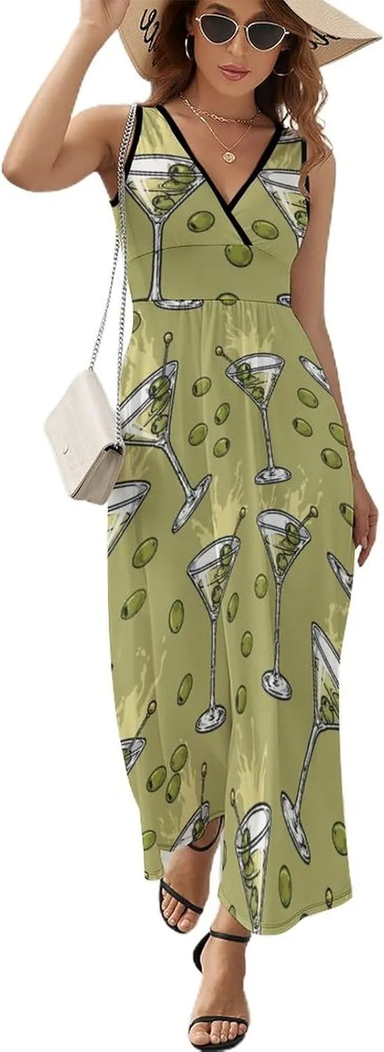 Women Summer Casual Sleeveless V Neck Martini Drink Colorful Sundress Maxi Long Beach Dress