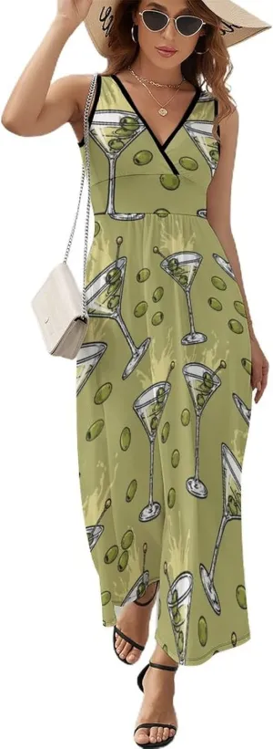 Women Summer Casual Sleeveless V Neck Martini Drink Colorful Sundress Maxi Long Beach Dress