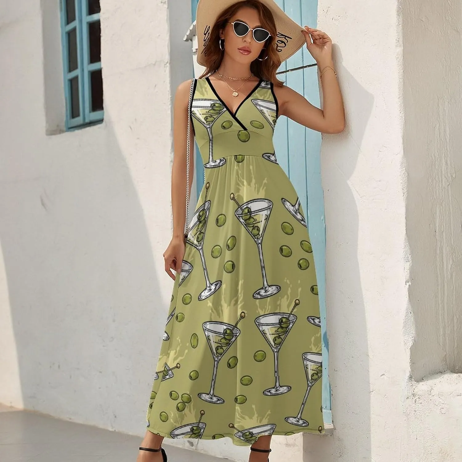 Women Summer Casual Sleeveless V Neck Martini Drink Colorful Sundress Maxi Long Beach Dress