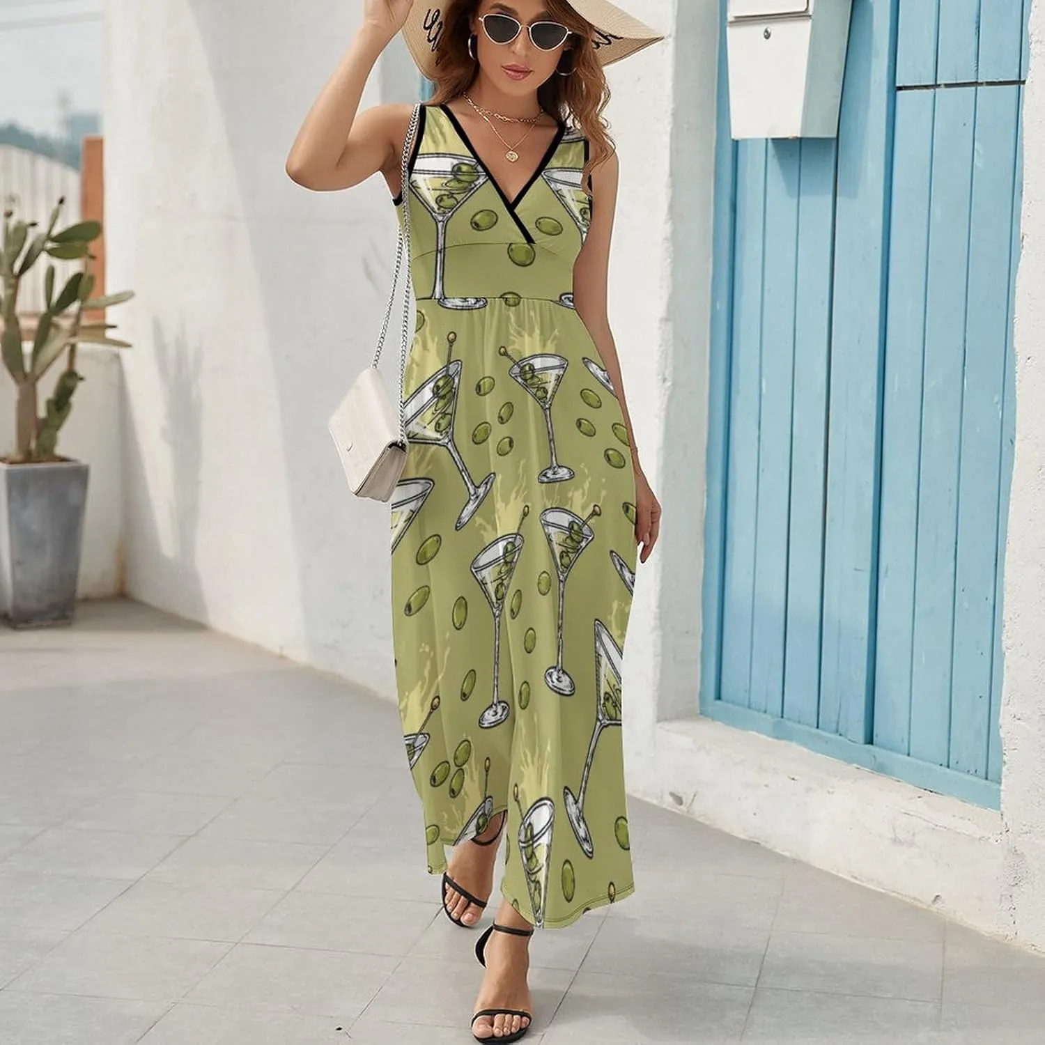 Women Summer Casual Sleeveless V Neck Martini Drink Colorful Sundress Maxi Long Beach Dress