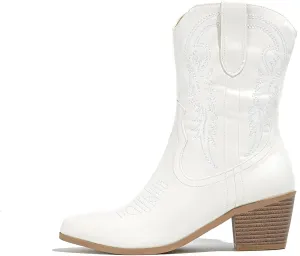 Women Western Ankle Block Stacked Heel Embroidered Cowboy Boots & Booties