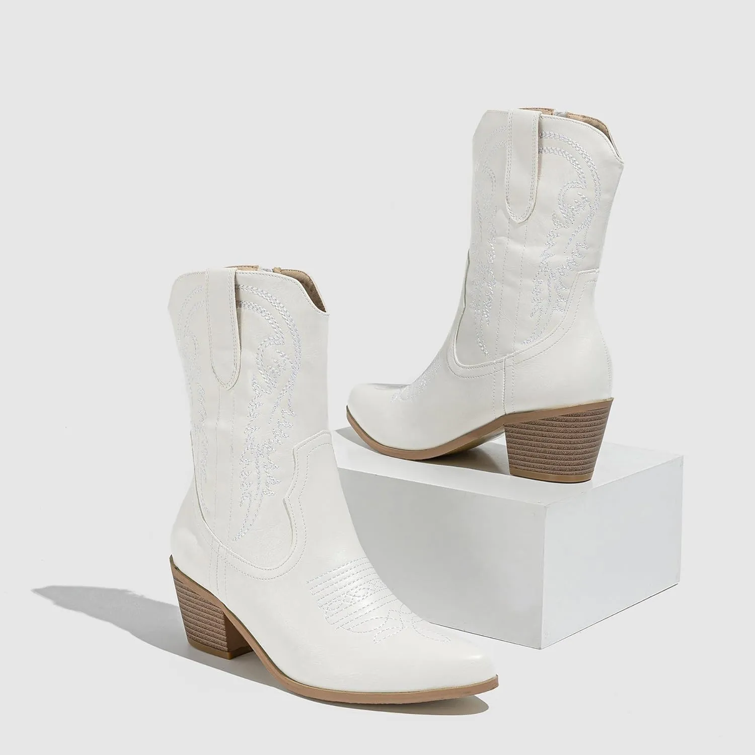 Women Western Ankle Block Stacked Heel Embroidered Cowboy Boots & Booties