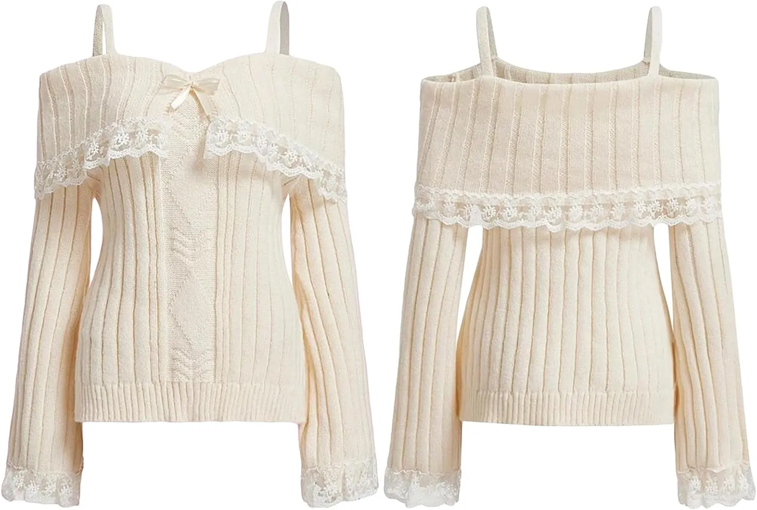 Women Y2k Cold Shoulder Knit Sweater Top Long Sleeve Lace Trim Knitted Pullover Sweaters Bow Cardigan Streetwear