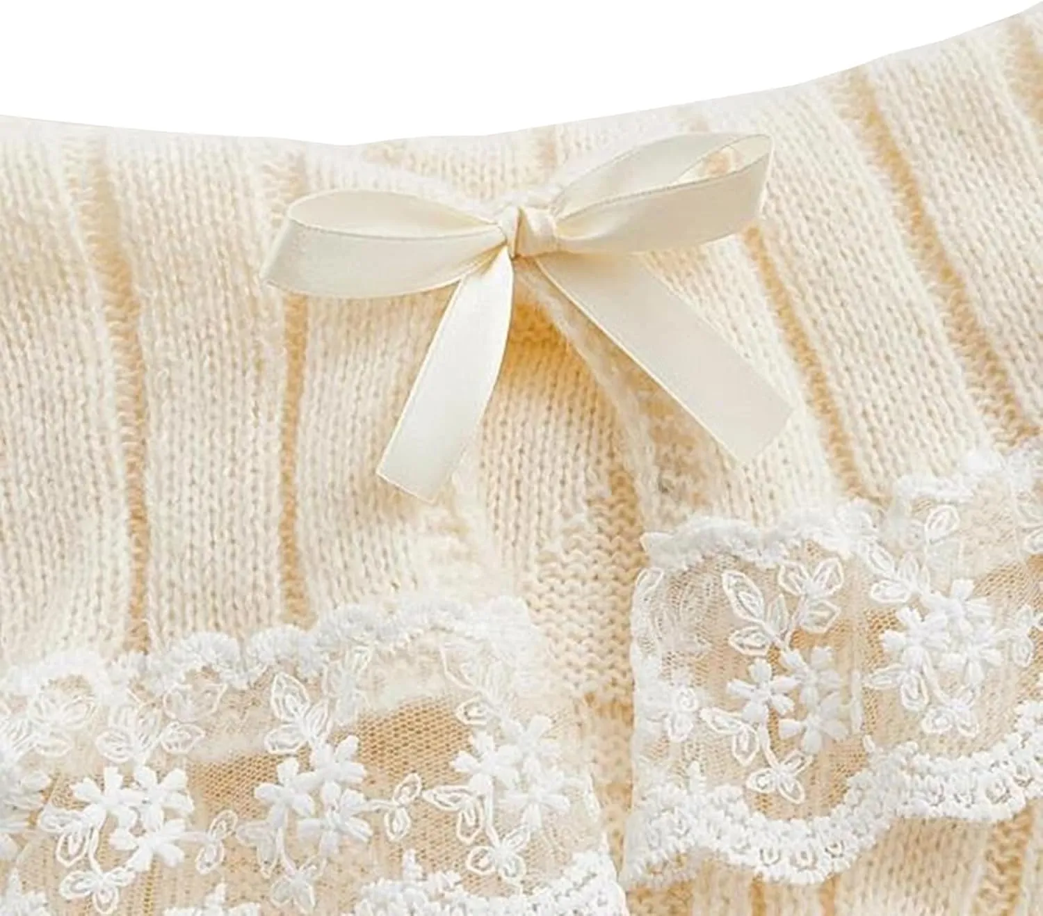 Women Y2k Cold Shoulder Knit Sweater Top Long Sleeve Lace Trim Knitted Pullover Sweaters Bow Cardigan Streetwear