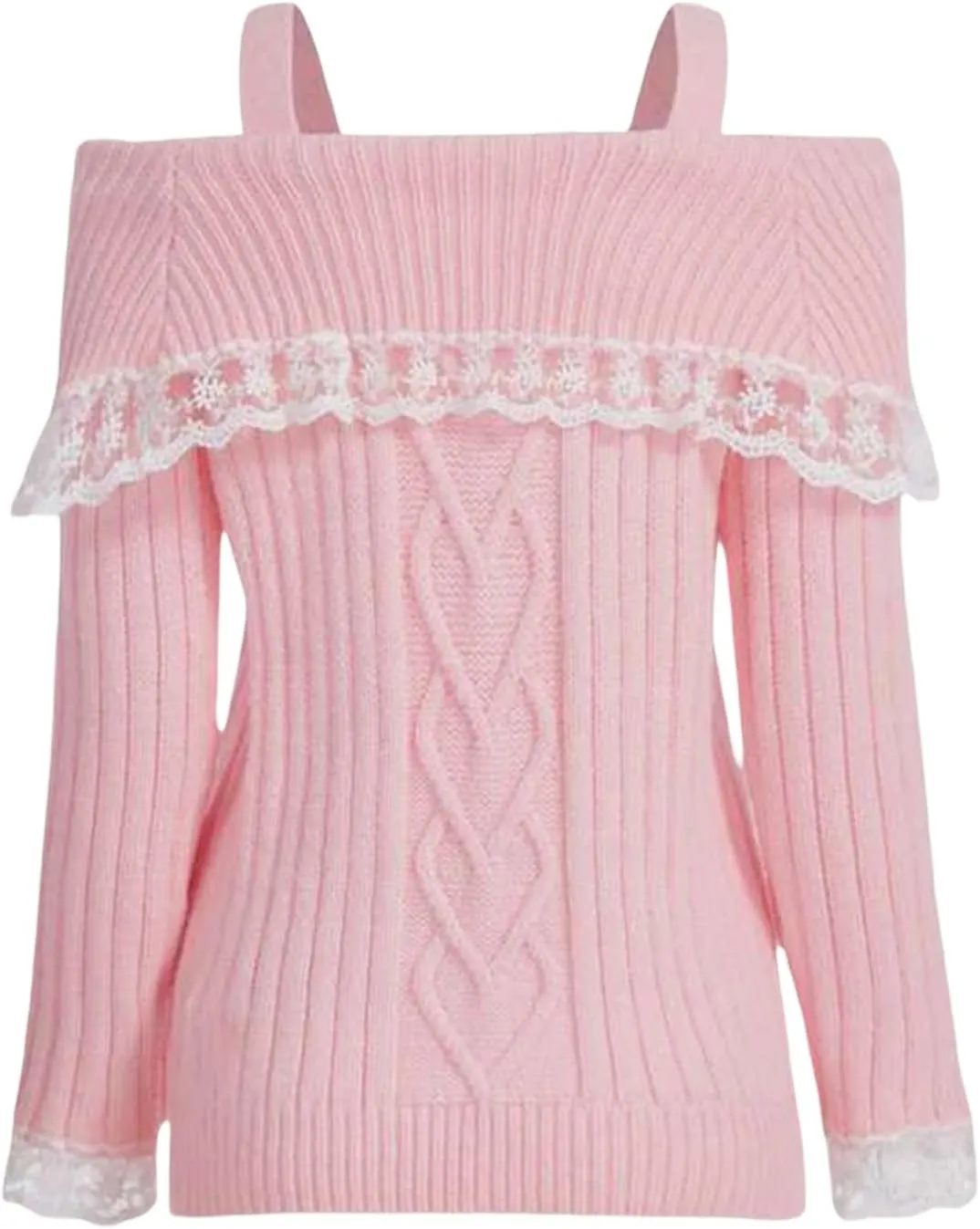 Women Y2k Cold Shoulder Knit Sweater Top Long Sleeve Lace Trim Knitted Pullover Sweaters Bow Cardigan Streetwear