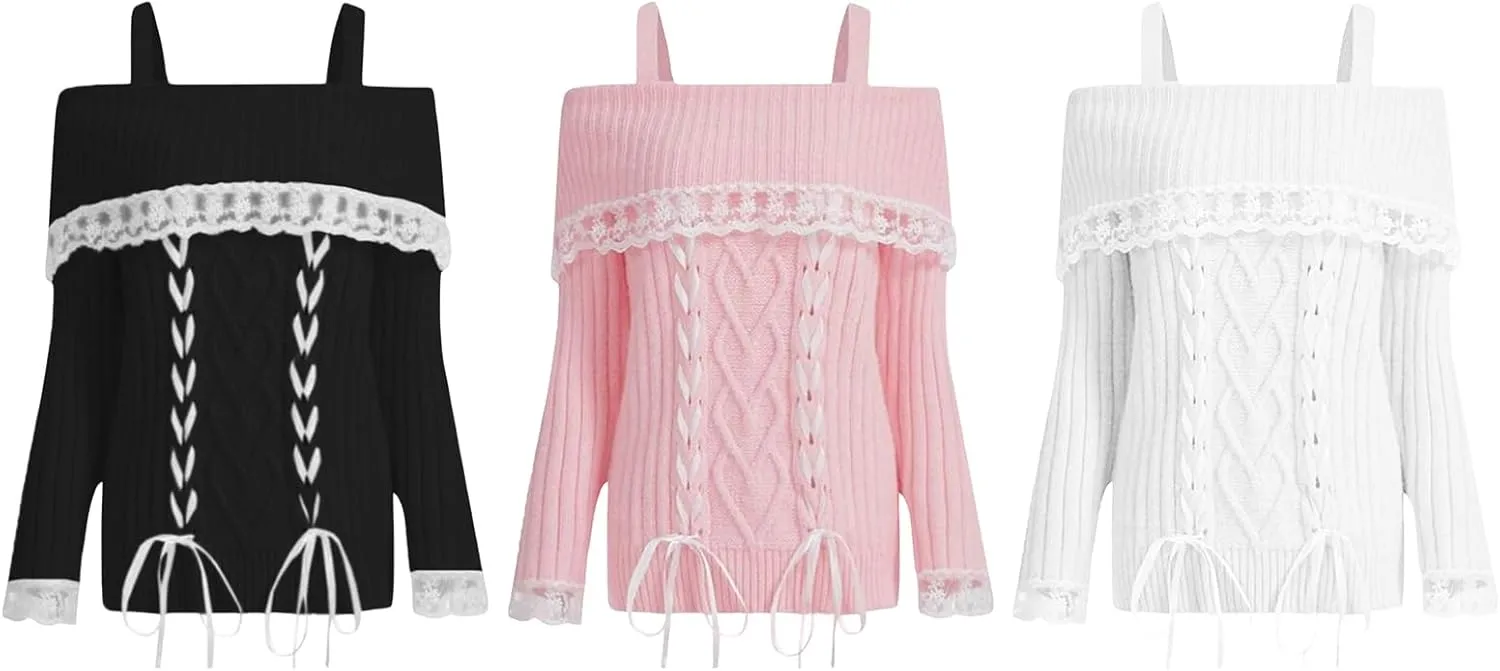 Women Y2k Cold Shoulder Knit Sweater Top Long Sleeve Lace Trim Knitted Pullover Sweaters Bow Cardigan Streetwear